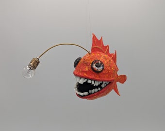 Orange Splatter Angler Fish Ornament - Paper Mache Angler Fish Ornament, weird, fish, lightbulb, handmade, unique, bizarre, one-of-a-kind