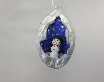 Walnut Shell Ornament - Snowman, Handmade clay winter scene in a walnut shell, snowman ornament, OOAK