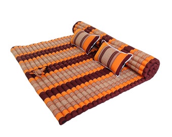 Thai Kapok XXL Roll-Up 2-Person Floor Cushion 200 x 150cm with 2 Matching Pillows ~ Orange, Maroon