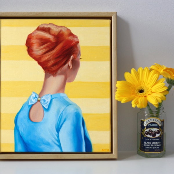 Original peinture à l'huile de Rose Miller inspirée par la mode, vogue, pop, figuratifs, figures et art du portrait. Huile sur toile « Peek A Bow »