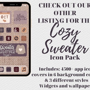 K&ouml;nnte beinhalten: Ein Telefonbildschirm, auf dem ein Cozy Sweater Icon Pack mit &uuml;ber 4.500 App-Icons in 6 Hintergrundfarben und 3 verschiedenen Stilen angezeigt wird. Die Icons sind auf einem Hintergrund aus Sackleinen mit einem braunen und violetten Farbschema dargestellt. Der Text "Cozy Sweater Icon Pack" wird in einer gro&szlig;en, stilisierten Schriftart angezeigt. Der Text "Enth&auml;lt: 4.500+ App-Icons, die 6 Hintergrundfarben und 3 verschiedene Stile abdecken Widgets und Hintergrundbilder" wird unter dem Icon Pack angezeigt.
