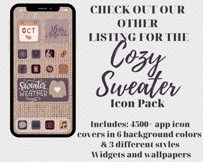 K&ouml;nnte beinhalten: Ein Telefonbildschirm, auf dem ein Cozy Sweater Icon Pack mit &uuml;ber 4.500 App-Icons in 6 Hintergrundfarben und 3 verschiedenen Stilen angezeigt wird. Die Icons sind auf einem Hintergrund aus Sackleinen mit einem braunen und violetten Farbschema dargestellt. Der Text "Cozy Sweater Icon Pack" wird in einer gro&szlig;en, stilisierten Schriftart angezeigt. Der Text "Enth&auml;lt: 4.500+ App-Icons, die 6 Hintergrundfarben und 3 verschiedene Stile abdecken Widgets und Hintergrundbilder" wird unter dem Icon Pack angezeigt.