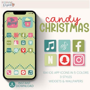 Jeu d&#39;icônes d&#39;application iOS de Noël, fonds d&#39;écran d&#39;hiver pour iphone, widget esthétique coloré amusant pour les vacances, thème de téléphone mignon fond d&#39;écran numérique en sucre de canne