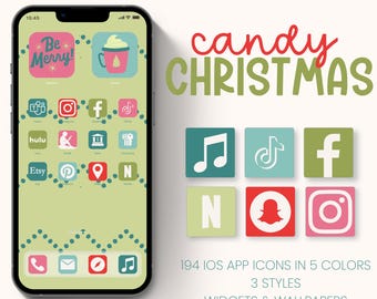Ikonuppsättning för iOS-app för jul, vinterbakgrunder för iPhone, rolig färgglad estetisk widget för högtider, digitalt bakgrundsbild för söt polkagris för telefon