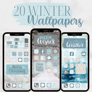 Pode incluir: Três maquetes de iPhone com papéis de parede e ícones de aplicativos com tema de inverno. Os papéis de parede apresentam uma floresta nevada, uma cena de inverno com o texto "Warm Wishes" e uma cena de inverno azul e branca com o texto "Sweater Weather". Os ícones dos aplicativos estão dispostos em uma grade e incluem ícones para mídia social, mensagens e outros aplicativos.
