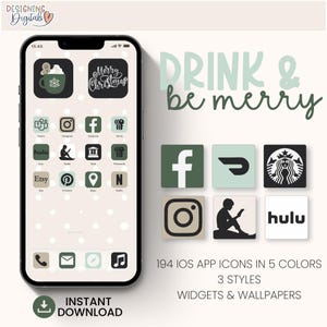Jeu d&#39;icônes d&#39;application hiver, fond d&#39;écran de Noël pour iphone, widget esthétique hiver, joli fond d&#39;écran numérique au chocolat chaud, thème de téléphone pour arbre de Noël