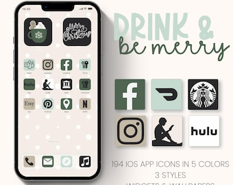 Vinterappikonuppsättning, julbakgrund för iPhone, vinterestetisk widget, digital bakgrundsbild på söt varm choklad, julgranstema för telefon