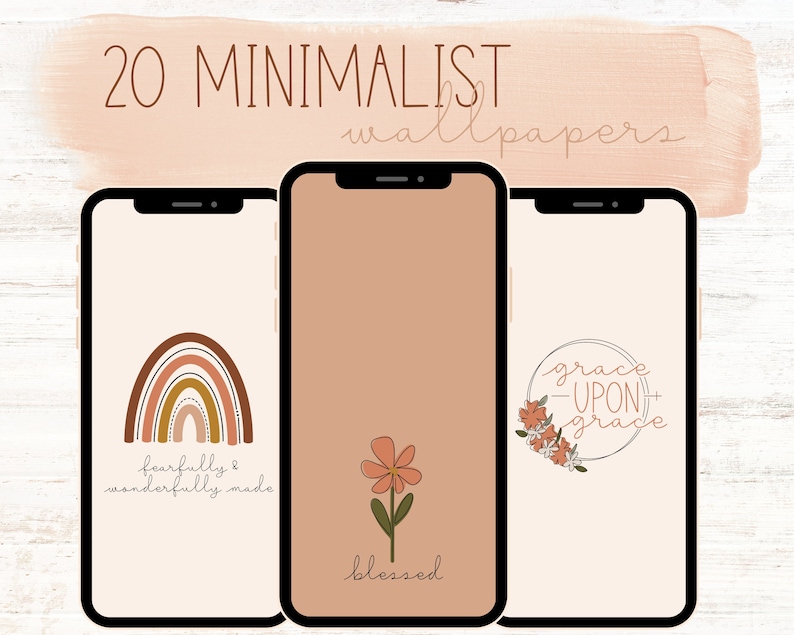 May include: Three phone wallpapers with minimalist designs. The first wallpaper features a rainbow with the text "fearfully & wonderfully made". The second wallpaper features a simple flower with the text "blessed". The third wallpaper features a floral wreath with the text "grace upon grace".