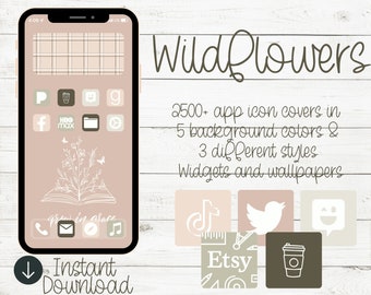 2500+ iOS 14-ikoner | bakgrundsbild med vildblommor | iOS 15 | appikoner | iOS 14-estetik | iPhone-ikoner