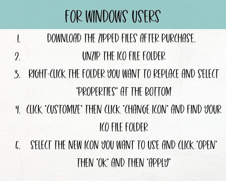 Puede incluir: Un fondo blanco con texto negro que describe cinco pasos para que los usuarios de Windows cambien el icono de una carpeta. Los pasos incluyen descargar archivos comprimidos, descomprimir la carpeta ICO, hacer clic con el bot&oacute;n derecho en la carpeta, hacer clic en "Personalizar" y "Cambiar icono", y seleccionar un icono nuevo.