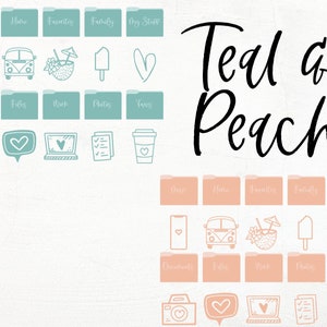 Puede incluir: Iconos de carpetas digitales de color turquesa y melocot&oacute;n con un coraz&oacute;n, una c&aacute;mara, un port&aacute;til y una lista de verificaci&oacute;n. El texto "Teal & Peach" est&aacute; escrito en cursiva negra.