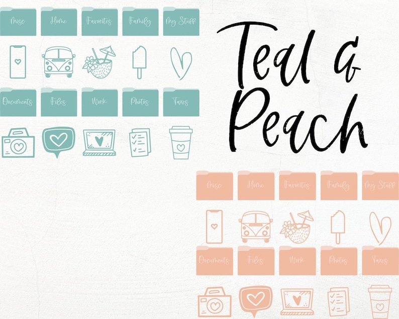 Puede incluir: Iconos de carpetas digitales de color turquesa y melocot&oacute;n con un coraz&oacute;n, una c&aacute;mara, un port&aacute;til y una lista de verificaci&oacute;n. El texto "Teal & Peach" est&aacute; escrito en cursiva negra.