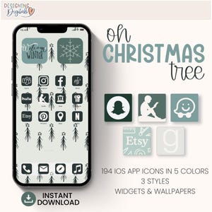 Ensemble d&#39;icônes d&#39;application iOS sapin de Noël, fonds d&#39;écran hiver pour iPhone, widget esthétique de jolies vacances, thème vert Noël pour téléphone avec fond d&#39;écran numérique