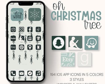 Ikonuppsättning för iOS-app för julgran, vinterbakgrunder för iPhone, söt estetisk widget för semestern, digitalt bakgrundsbildtema för grön jul