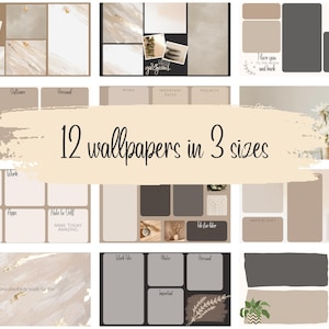 May include: Twelve digital desktop wallpapers in three different sizes. The wallpapers feature a neutral colour palette of beige, brown, and white with abstract shapes, inspirational quotes, and minimalist designs.