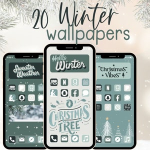 Op de afbeelding: Drie iPhone-mockups met winterse telefoonachtergronden en app-pictogrammen. De achtergronden hebben een groen-wit kleurenschema met tekst die "Sweater Weather", "Hello Winter" en "Christmas Vibes" luidt.