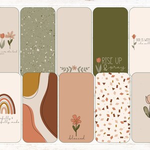 May include: Set of ten printable digital planner stickers with a boho aesthetic. The stickers feature floral designs, rainbows, abstract shapes, and inspirational quotes like "give thanks unto the Lord" and "fearfully & wonderfully made".