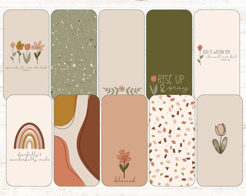 May include: Set of ten printable digital planner stickers with a boho aesthetic. The stickers feature floral designs, rainbows, abstract shapes, and inspirational quotes like "give thanks unto the Lord" and "fearfully & wonderfully made".