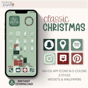 Jeu d&#39;icônes d&#39;application iOS de Noël, fonds d&#39;écran d&#39;hiver pour iPhone, widget esthétique de jolies vacances, thème classique de Noël numérique pour téléphone