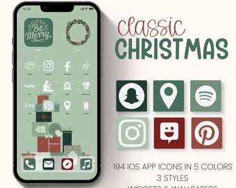 Ikonuppsättning för iOS-appar för jul, vinterbakgrunder för iPhone, söt estetisk widget för högtider, klassiskt digitalt bakgrundsbildtema för jul