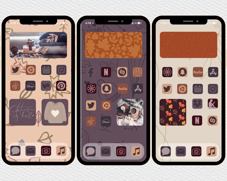 K&ouml;nnte beinhalten: Drei iPhone-Bildschirme mit benutzerdefinierten App-Symbolen und Hintergr&uuml;nden. Der erste Bildschirm hat einen beigefarbenen Hintergrund mit Herbstbl&auml;ttern und einem Pullover-Symbol. Der zweite Bildschirm hat einen violetten Hintergrund mit Herbstbl&auml;ttern und einem Kaffeetassen-Symbol. Der dritte Bildschirm hat einen beigefarbenen Hintergrund mit Herbstbl&auml;ttern und einem roten und orangefarbenen Mustersymbol.