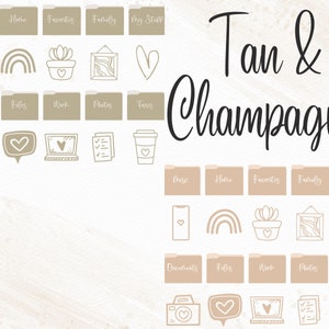 May include: Tan and champagne coloured folder icons with hand-drawn illustrations. The icons include a phone, rainbow, potted plant, picture frame, heart, camera, speech bubble, laptop, checklist, and coffee cup. The text "Tan & Champagne" is written in black cursive.