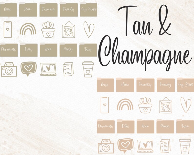 May include: Tan and champagne coloured folder icons with hand-drawn illustrations. The icons include a phone, rainbow, potted plant, picture frame, heart, camera, speech bubble, laptop, checklist, and coffee cup. The text "Tan & Champagne" is written in black cursive.