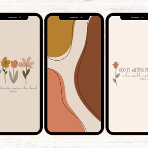 May include: Three phone screen mockups with a beige background. The first mockup features a line of stylized flowers with the text "give thanks unto the lord PSALM 107:1". The second mockup features abstract shapes in shades of brown, orange, and pink. The third mockup features a single stylized flower with the text "GOD IS WITHIN HER she will not fail PSALM 46:5".