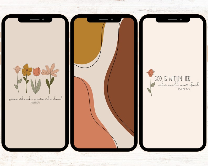 May include: Three phone screen mockups with a beige background. The first mockup features a line of stylized flowers with the text "give thanks unto the lord PSALM 107:1". The second mockup features abstract shapes in shades of brown, orange, and pink. The third mockup features a single stylized flower with the text "GOD IS WITHIN HER she will not fail PSALM 46:5".