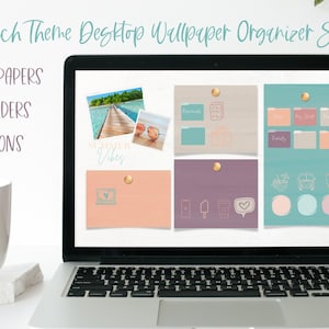 以下が含まれることがあります： ビーチをテーマにしたデスクトップ壁紙オーガナイザーセットが表示されたラップトップの画面。セットには、夏らしい雰囲気のフォルダ、アイコン、壁紙が含まれています。フォルダには、「ドキュメント」、「ToDo」、「日」、「私のもの」、「家族」、「楽しみ」というラベルが付けられています。アイコンには、ラップトップ、アイスクリームコーン、コーヒーカップ、ハート、ヤシの木、バンが含まれています。