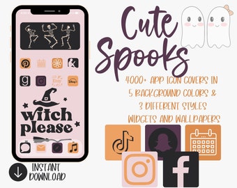 Könnte beinhalten: Ein rosa und orangefarbener Telefonbildschirm mit einem Hexenhut und dem Text "witch please" auf dem Bildschirm. Der Telefonbildschirm ist von einem weißen Hintergrund mit dem Text "Cute Spooks" und zwei weißen Geistern umgeben. Der Text unter den Geistern lautet "4000+ App Icon Covers in 5 Background Colors & 3 Different Styles Widgets and Wallpapers".