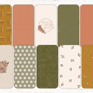 May include: Set of ten digital planner stickers with various patterns and designs. The stickers feature a floral design, polka dots, a textured green pattern, and a pattern with small red berries. The stickers also include a brown and green striped pattern, a solid orange pattern, a solid green pattern, and a solid orange pattern. The stickers also include a white sticker with the text "grace upon grace" in a circle with a floral design.
