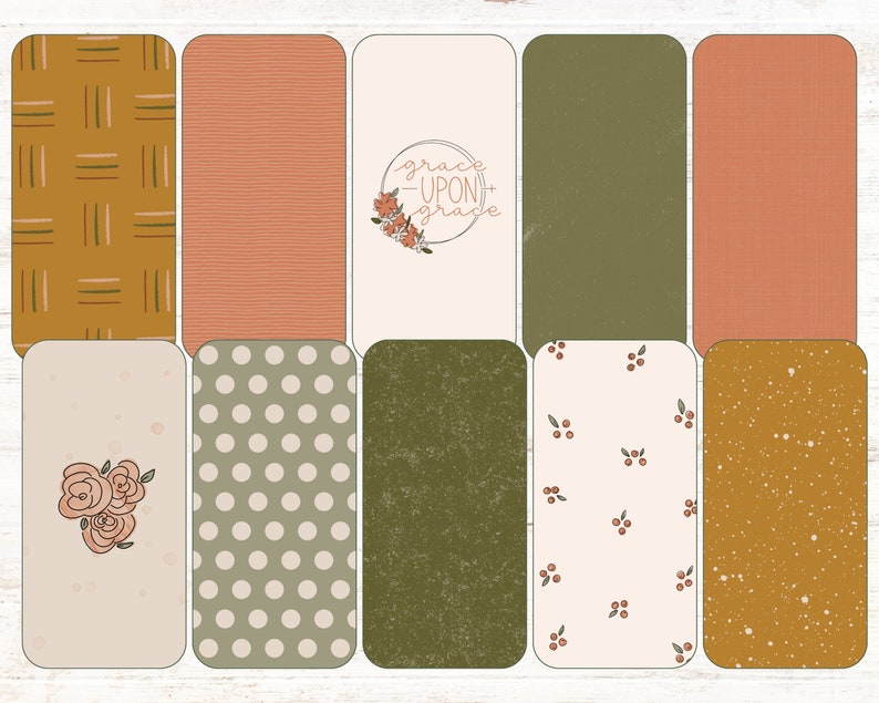 May include: Set of ten digital planner stickers with various patterns and designs. The stickers feature a floral design, polka dots, a textured green pattern, and a pattern with small red berries. The stickers also include a brown and green striped pattern, a solid orange pattern, a solid green pattern, and a solid orange pattern. The stickers also include a white sticker with the text "grace upon grace" in a circle with a floral design.