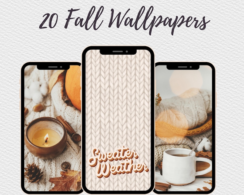 K&ouml;nnte beinhalten: Drei Telefon-Bildschirmabdr&uuml;cke mit Herbstmotiven. Das erste Bild zeigt eine brennende Kerze, Zimtstangen und einen Tannenzapfen auf einer wei&szlig;en Strickdecke. Das zweite Bild zeigt ein wei&szlig;es Strickmuster mit dem Text "Sweater Weather". Das dritte Bild zeigt eine wei&szlig;e Tasse mit hei&szlig;em Getr&auml;nk, Zimtstangen und eine wei&szlig;e Strickdecke.