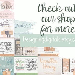 K&ouml;nnte beinhalten: Eine Sammlung digitaler Designs f&uuml;r Handy-Startbildschirme mit Herbst- und Wintermotiven. Die Designs beinhalten Illustrationen von K&uuml;rbissen, Kaffeetassen und Bl&auml;ttern. Der Text "Check out our shop for more! Designingdigitals.etsy.com" ist ebenfalls enthalten.
