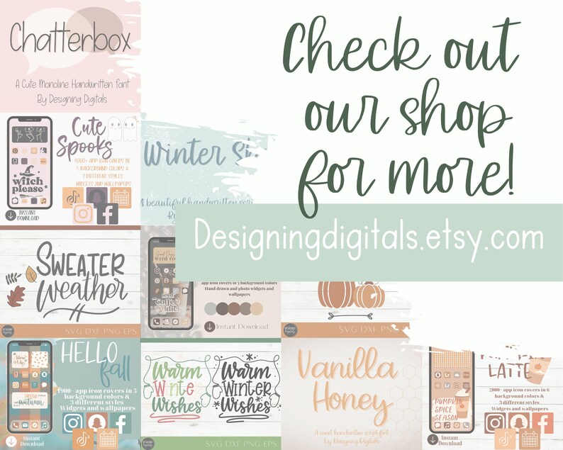 K&ouml;nnte beinhalten: Eine Sammlung digitaler Designs f&uuml;r Handy-Startbildschirme mit Herbst- und Wintermotiven. Die Designs beinhalten Illustrationen von K&uuml;rbissen, Kaffeetassen und Bl&auml;ttern. Der Text "Check out our shop for more! Designingdigitals.etsy.com" ist ebenfalls enthalten.