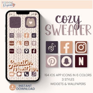 Fall iOS app icon set, fall iphone wallpapers, autumn aesthetic widget, cute sweater weather digital wallpaper phone theme