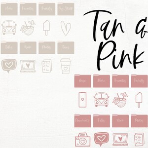 Puede incluir: Un conjunto de iconos de carpetas digitales con un esquema de color marr&oacute;n claro y rosa. Los iconos presentan varias ilustraciones, incluyendo un coraz&oacute;n, una c&aacute;mara, un port&aacute;til, una furgoneta, un coco con una sombrilla, un helado y una taza de caf&eacute;. El texto "Tan & Pink" est&aacute; escrito en cursiva negra.