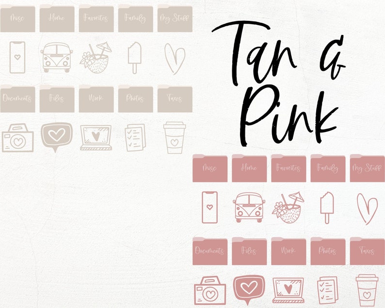 Puede incluir: Un conjunto de iconos de carpetas digitales con un esquema de color marr&oacute;n claro y rosa. Los iconos presentan varias ilustraciones, incluyendo un coraz&oacute;n, una c&aacute;mara, un port&aacute;til, una furgoneta, un coco con una sombrilla, un helado y una taza de caf&eacute;. El texto "Tan & Pink" est&aacute; escrito en cursiva negra.