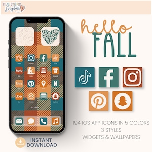 Fall iOS app icon set, fall iphone wallpapers, autumn aesthetic widget, cute pumpkin spice digital wallpaper phone theme