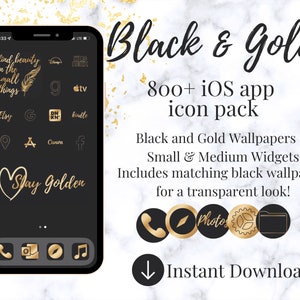 Op de afbeelding: Zwart-gouden iOS-app-pictogrampakket met meer dan 800 pictogrammen. Inclusief bijpassende zwarte achtergrond en widgets voor een transparante look. Direct downloaden.