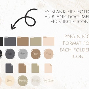 May include: Set of five blank file folders and five blank documents with ten circle icons. The folders and documents are in black, grey, brown, green, and pink. The icons have text labels such as "Documents", "Files", "Work", "Photos", "Taxes", "Music", "Home", "Favourites", "Family", and "My Stuff". The text "PNG & ICO FORMAT FOR EACH FOLDER & ICON" is also included.