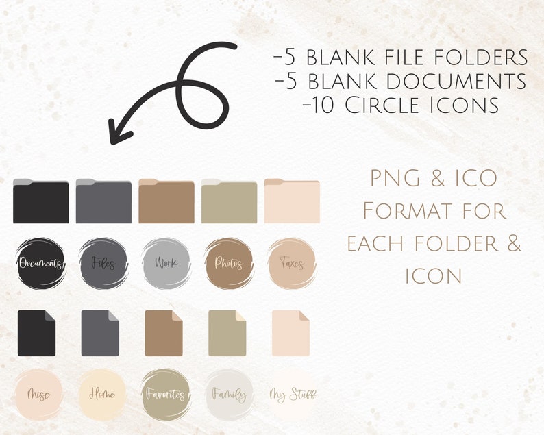 May include: Set of five blank file folders and five blank documents with ten circle icons. The folders and documents are in black, grey, brown, green, and pink. The icons have text labels such as "Documents", "Files", "Work", "Photos", "Taxes", "Music", "Home", "Favourites", "Family", and "My Stuff". The text "PNG & ICO FORMAT FOR EACH FOLDER & ICON" is also included.