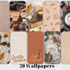 K&ouml;nnte beinhalten: Eine Sammlung von 10 Handy-Hintergrundbildern mit Herbstmotiven. Die Bilder zeigen einen Strickpullover, K&uuml;rbisse, Bl&auml;tter, Kaffee und den Text "sweater weather" und "happy autumn".