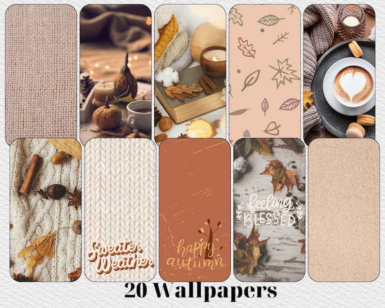 K&ouml;nnte beinhalten: Eine Sammlung von 10 Handy-Hintergrundbildern mit Herbstmotiven. Die Bilder zeigen einen Strickpullover, K&uuml;rbisse, Bl&auml;tter, Kaffee und den Text "sweater weather" und "happy autumn".