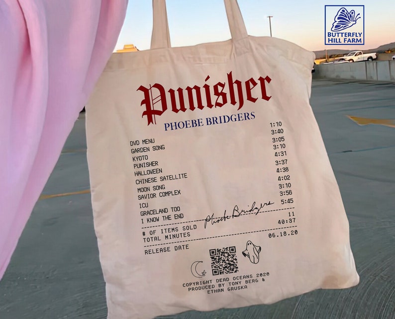 Phoebe Bridgers Punisher Tote Bag, Phoebe Bridgers Tote Bag, Phoebe Bridgers Album Receipt Tote Bag, Aesthetic Bag, Phoebe Bridgers Merch 