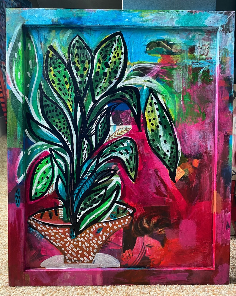 Pearl’s Plant, 18x22in. Original mixed media painting on glass
