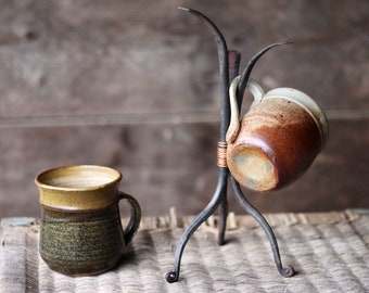 Hand Forged Metal Coffee Cup Holder Kitchen Coffee Mug Tree Countertop Tea Cups Holder Stand Blacksmith Kitchenware Decor