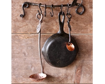 Hand Forged Copper & Steel Ladle: Leaf Handle Serving Spoon