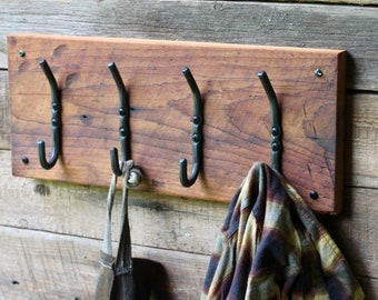 Reclaimed Wood Coat Rack - Branch Hooks | Hand Forged Blacksmith Wall Hooks, Handmade Rustic Coat Hangers, Hat Rack